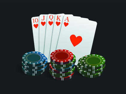 Casino and poker chips combined with a Royal Flush hand. Vector illustration in a realistic style isolated on dark background.